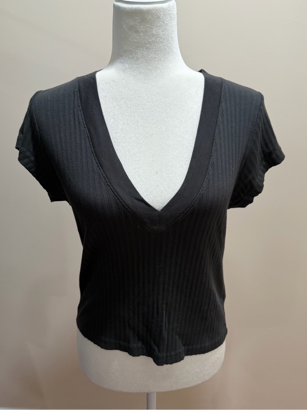 Perfectwhitetee Charcoal Ribbed Supima Cotton Short Sleeve V Neck Bobby Top Sz S